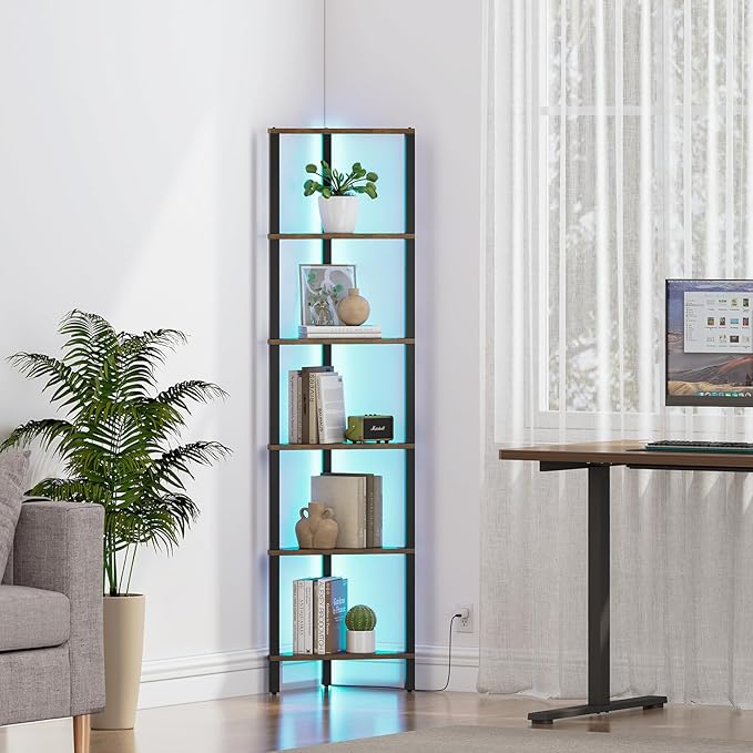 TUTOTAK Corner Shelf with LED Light, 6-Tier Corner Bookshelf