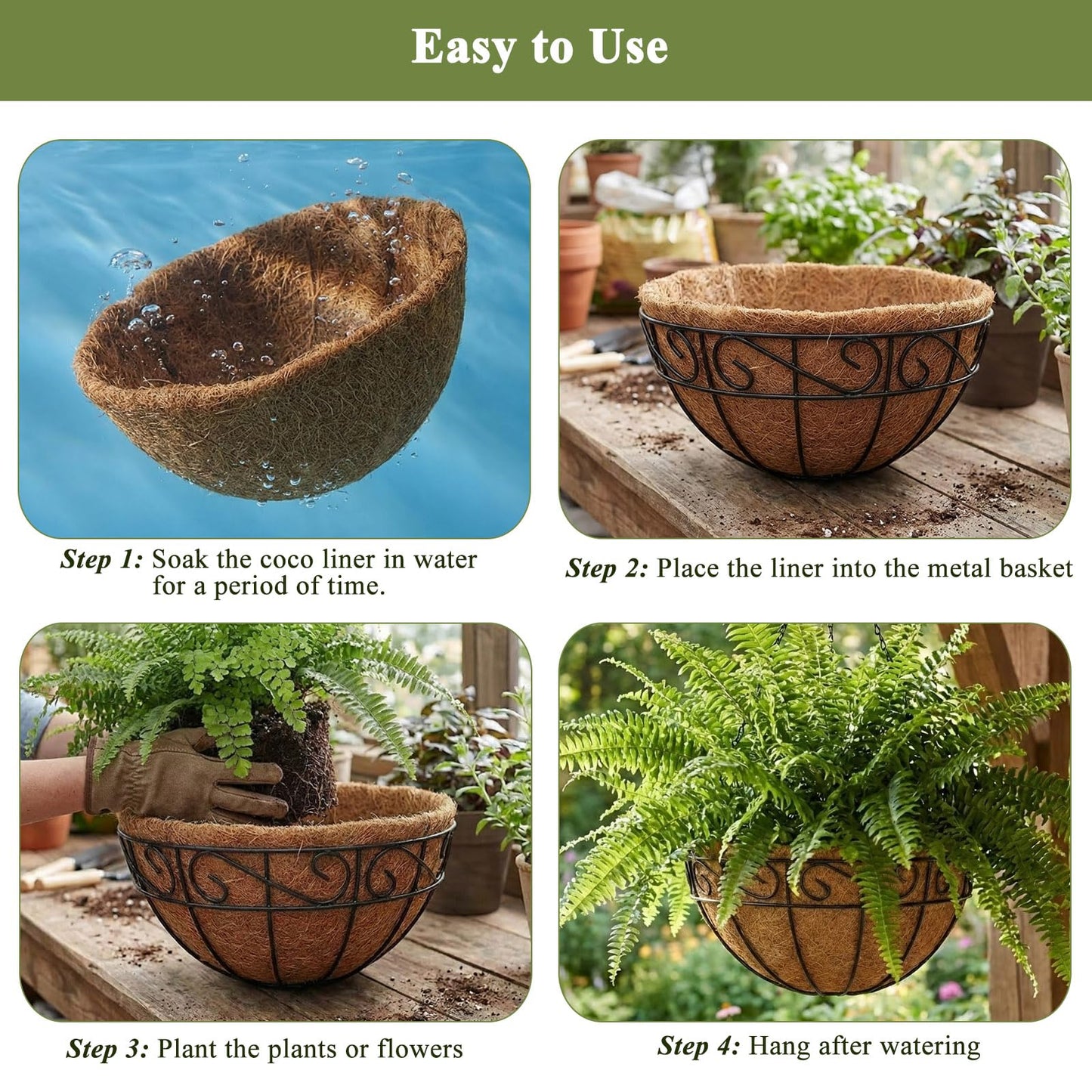 HZXXJCO 2 Pack Hanging Baskets for Plants Outdoor 14 Inch Metal Hanging Planters with Coco Coir Liner, Round Hanging Flower Pots for Home Garden Patio Balcony Porch
