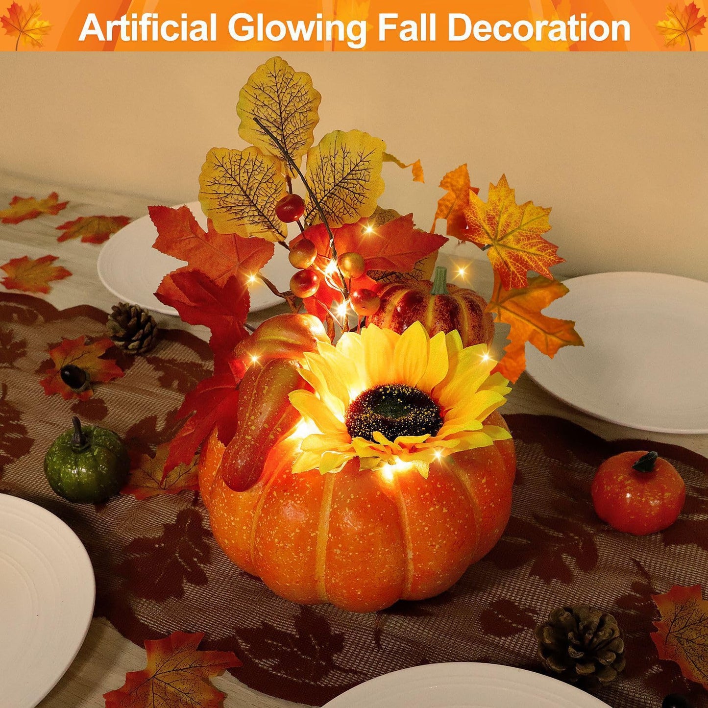 [Timer & Prelit] Thanksgiving Decorations Pumpkin Decor, Artificial Fake Pumpkin with Maples Leaves Sunflower Berried 20 LED Warm White Lights Fall Centerpieces for Tables Home Kitchen Porch Indoor