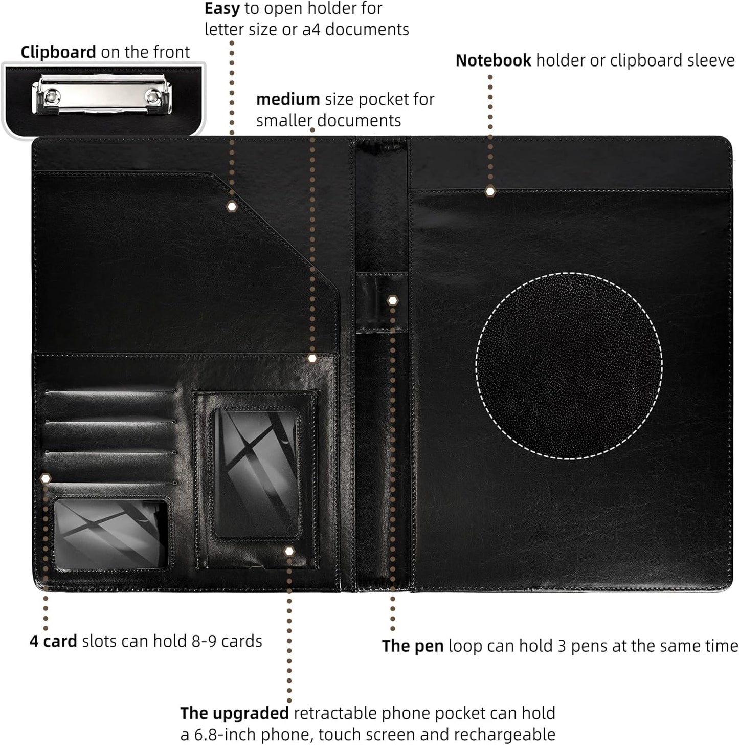 Leather Portfolio for Men Clipboard Notepad Business Black Padfolio Flexible Portfolios