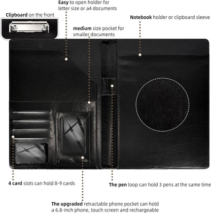 Leather Portfolio for Men Clipboard Notepad Business Black Padfolio Flexible Portfolios