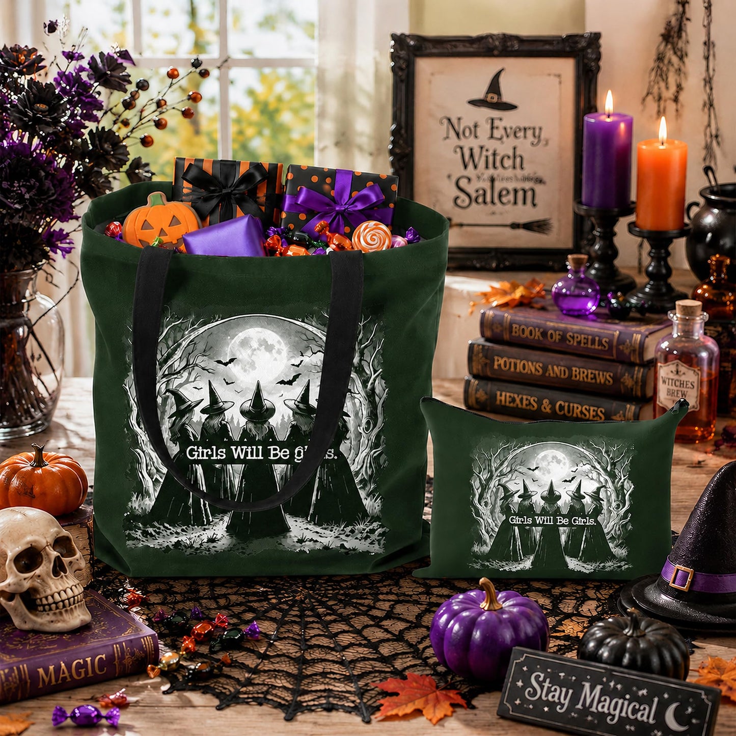 Laffact Aesthetic Witchy Canvas Bag for Women - 2Pcs Cute Girls Will Be Girls Quotes Canvas Tote Bag Makeup Pouch, Funny Black Magic Witch Reusable Grocery Shopping Handbag Gift for Halloween Birthday