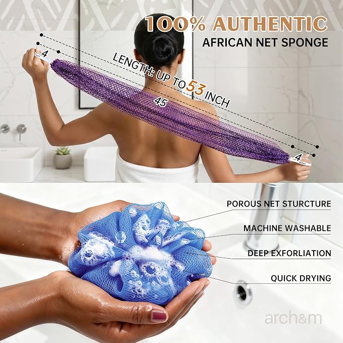 ARCH&M Authentic African Net Sponge with Knots 53", 2 Pack | Exfoliating Bath & Shower Loofah, Daily Use, Extra-Long Back and Body Scrubber, For Women and Men