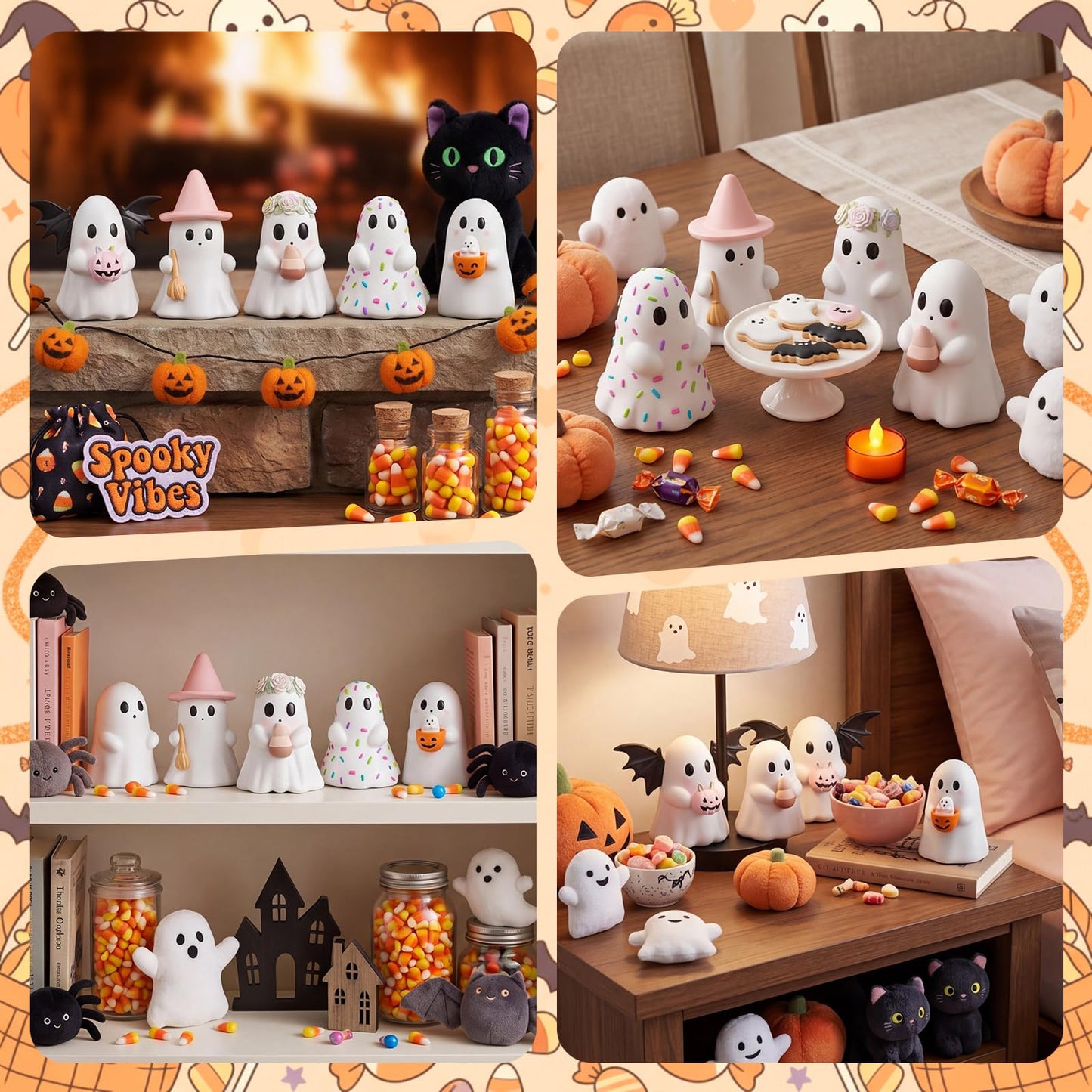 Simgoing 5 Pcs Halloween Cute Ghost Figurines Resin Pastel Halloween Decorations Ghost Figurine with Pumpkin Bucket, Witch Hat, Bat, Candy, Flower Spooky Statue Home Decor for Table Tiered Tray Mantel