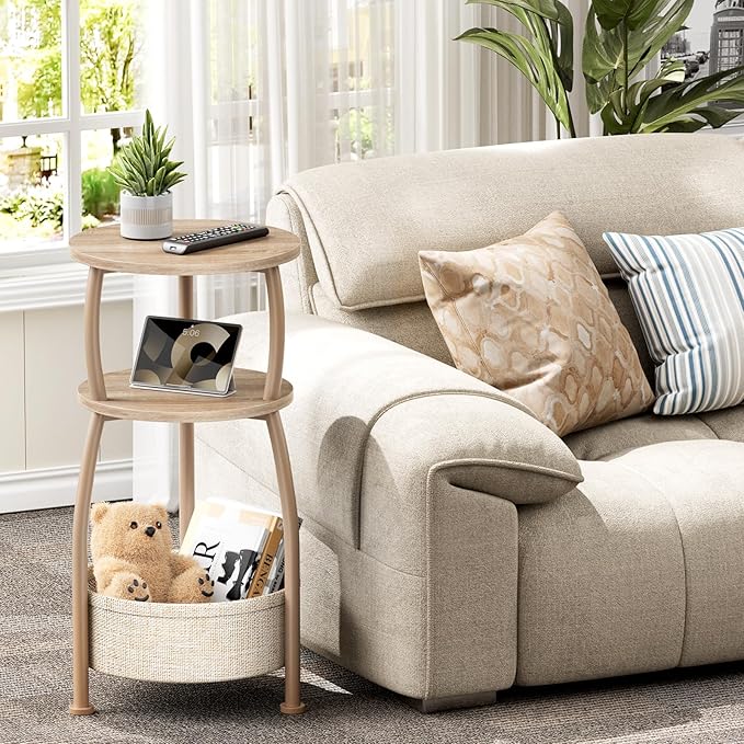 Small Side Table with Storage Basket, Space Saving Round End Table 3-Tier