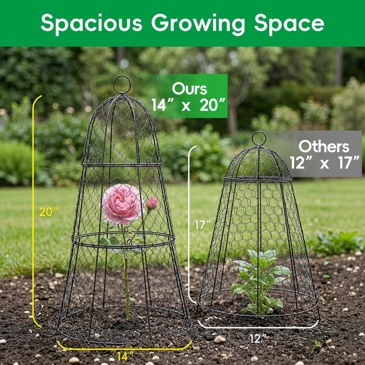 SPECILITE Garden Cloches for Plants with 3 Split Design, Rustproof Chicken Wire Cloches, Plant Protectors from Animals, Sturdy Plant Cage with Ground Stake for Garden, Farm, 14"×14"×20", 6 Pack