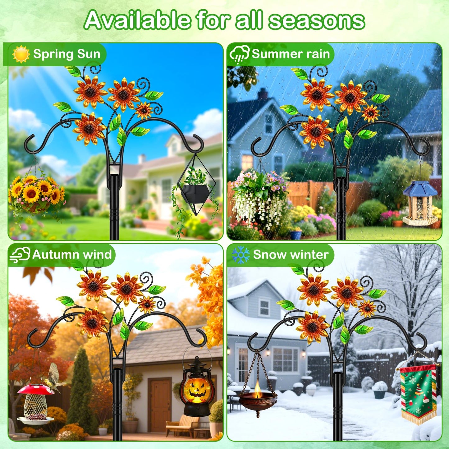 Double Shepherds Hooks for Outdoor, 2 Pack 78 Inch Bird Feeder Pole with 5 Prongs Base, Adjustable Heavy Duty Plant Hangers Sunflower Art for Outdoor Plants Hummingbird Feeder Hanging Basket Lantern