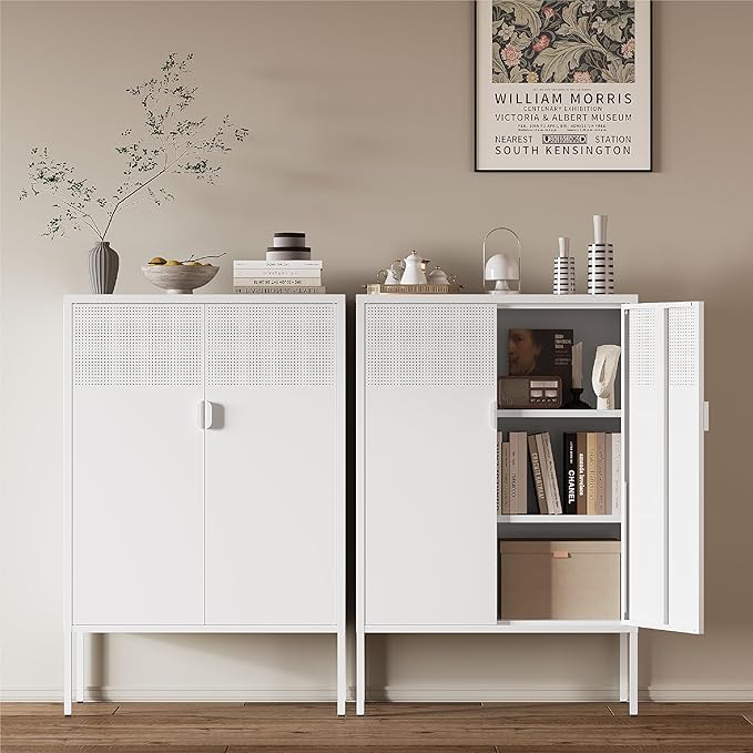 Metal Storage Cabinet, 2 Door TV Stand, Metal Mesh Accent Cabinet, Magnetic