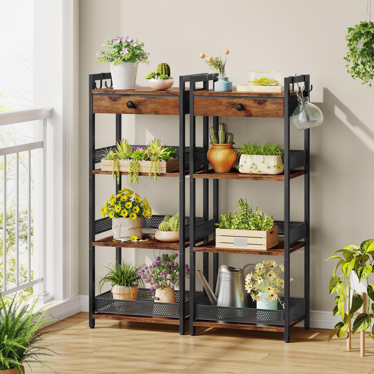 FAVOOSTY 4 Tier Ladder Shelf Stand, Bookshelf with Drawer Storage, Decorative Display Shelves Wood & Metal, Plant Shelf, Standing Shelf Unit for Living Room Bedroom Office Kitchen, Rustic Brown