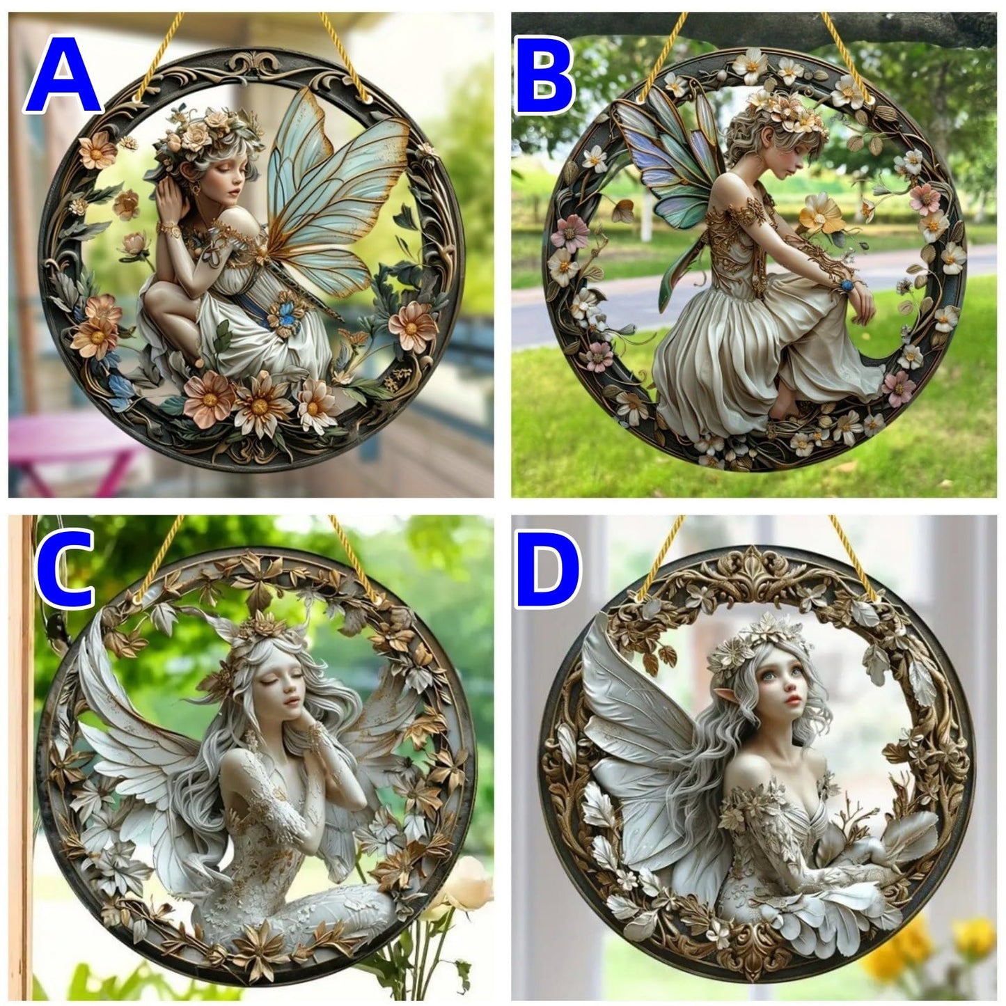 VTYFRY Flower Fairy Garden Decorations Angel Wing Christmas Halloween Deco Statue Art Elf Sculpture Hanging Craft for Outdoor Yard Courtyard Lawn Patio Window Acrylic Ornament Home Gift (B,S: 6*6 IN)