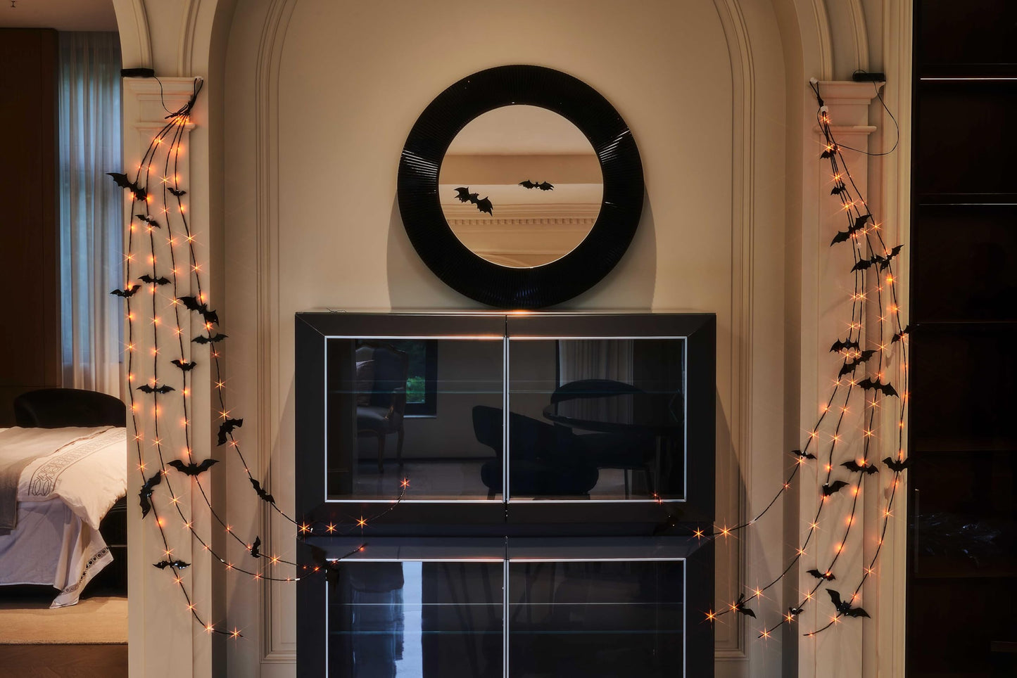 LITBLOOM Halloween Garland with Lights 6FT 80 Orange and Warm White Fairy Lights, Lighted Black Garland Battery Operated with Timer Lit Bats for Wall Porch Decoration