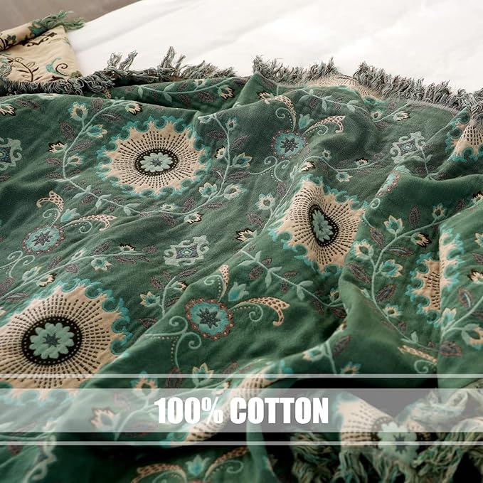 Boho Throw Blanket for Bed 100% Cotton Ultra Soft Rustic Quilt Summer Blanket