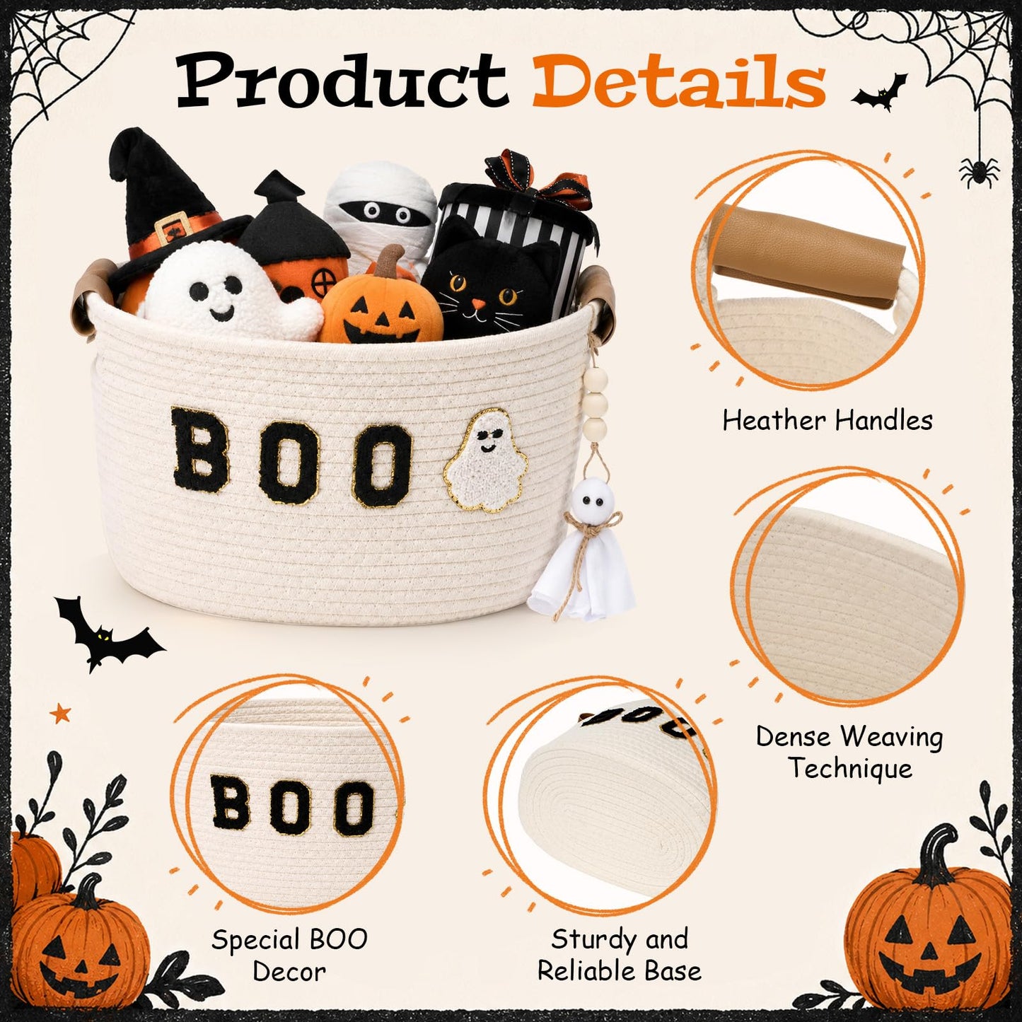 Acellegic Halloween Woven Rope Basket 13 x 8.7 x 7.9 Inch BOO Ghost Decorative Storage Basket with Ghost Pendant Halloween Candy Bowl Trick or Treat Bucket Party Favors for Home Nursery Organizer