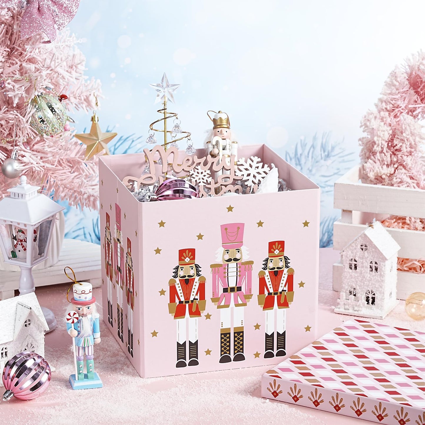 RUSPEPA Christmas Gift Box with Lid, Pink Nutcracker Soldier Design and Diamond Pattern Lid, Medium Collapsible Box with Ribbon, Tissue Paper for Girls, Gift Wrap, Candy Storage, 9x9x9 Inches, 1 Pcs