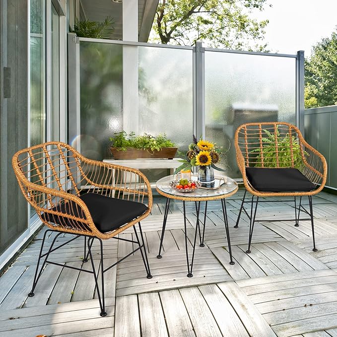 Tangkula 3 Pieces Patio Bistro Set, Rattan Conversation Set