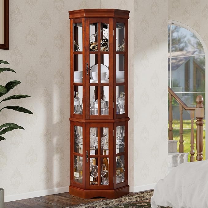 Corner Curio Cabinet with Lighting System, Adjustable Tempered Glass Shelves