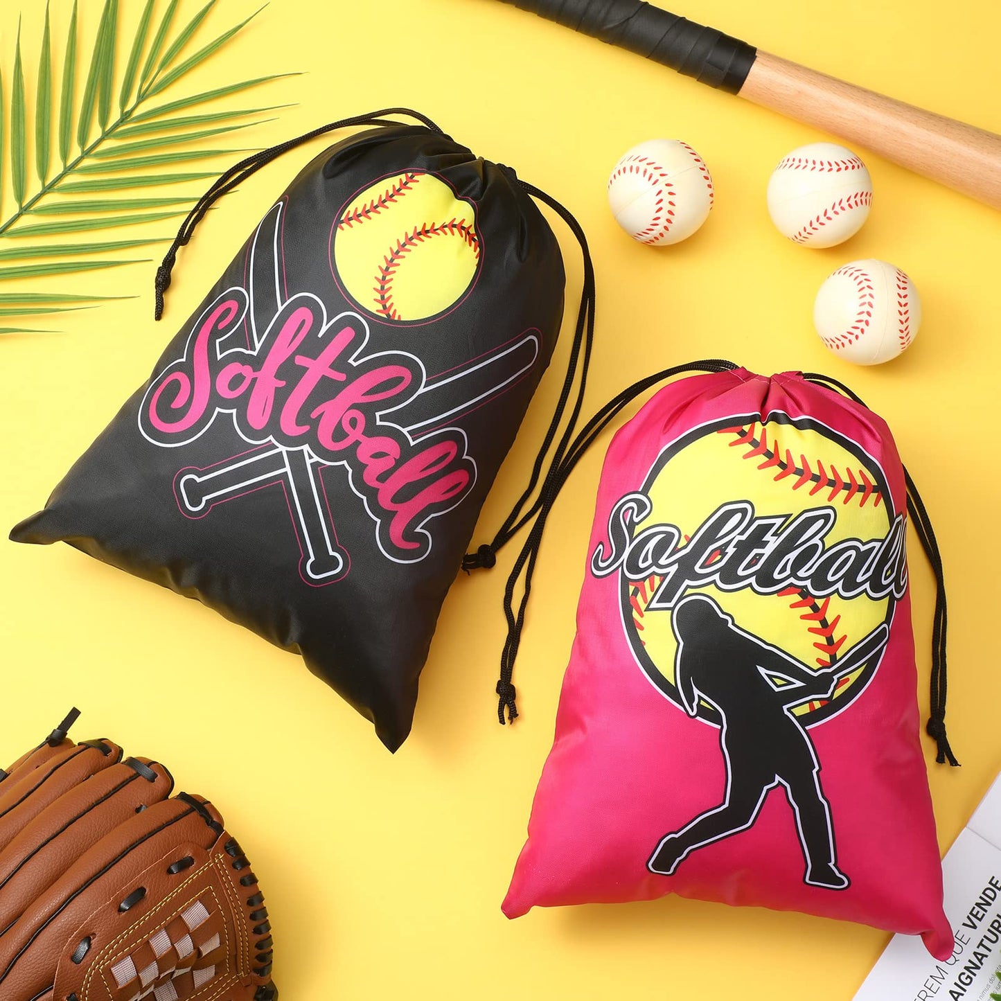 Kingdder 12 Pcs Softball Drawstring Party Favor Bags Softball Treat Bags Baseball Gift Bag for Baseball Party(Pink)