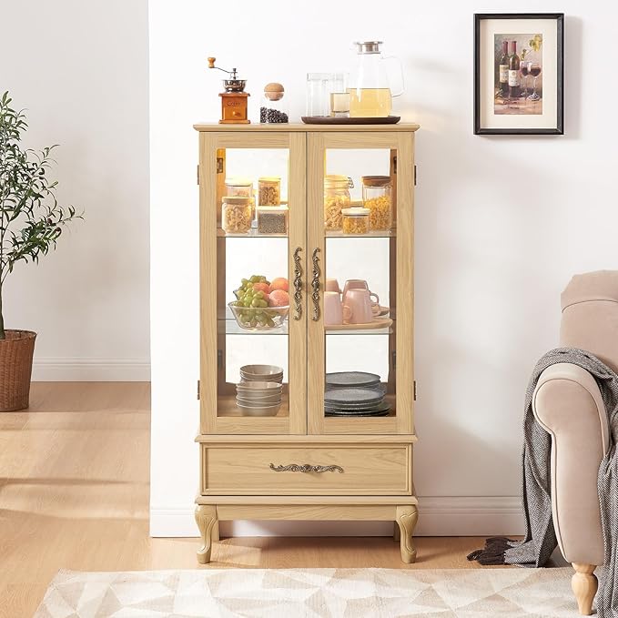 Curio Cabinet with Lighted, Tall Leg Glass Door Antique Cabinet with 1 Drawer