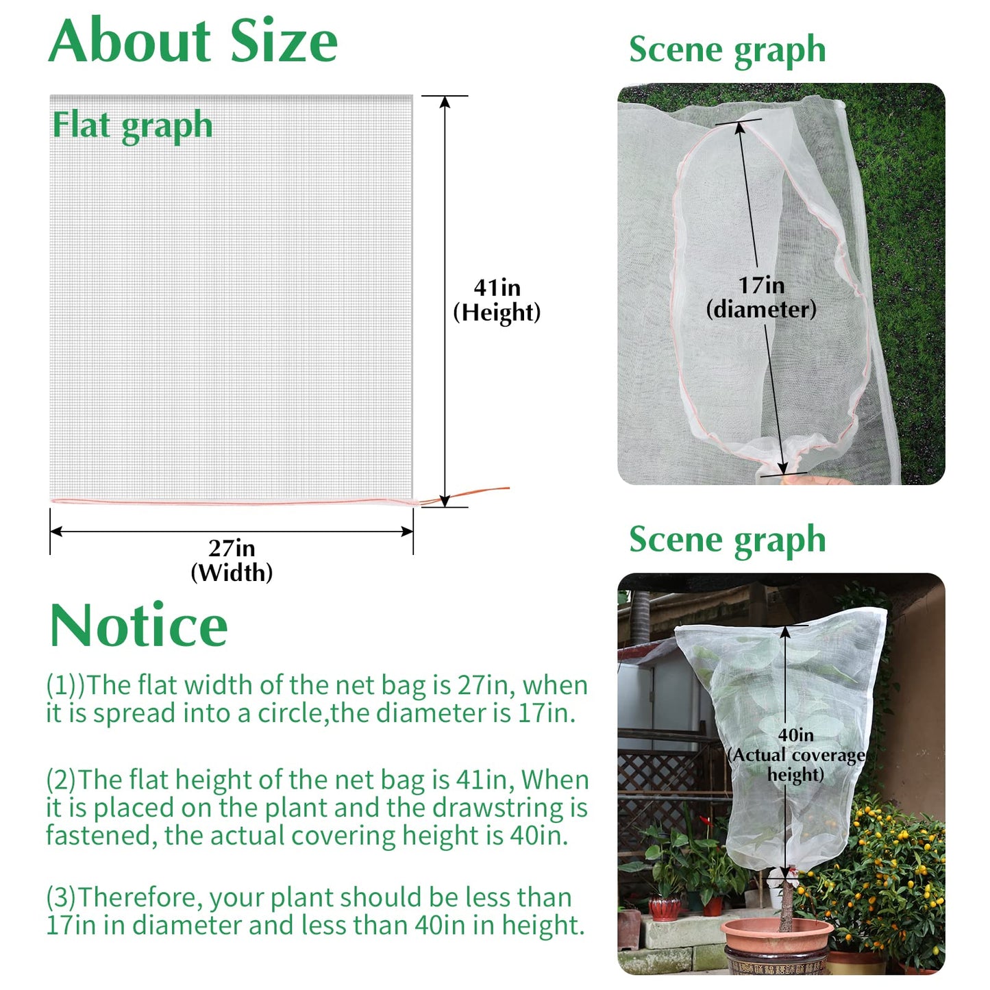 Kikhope 5 Pcs Insect Bird Barrier Netting Mesh with Drawstring- 41"x27" Garden Netting Pest Barrier Plant Cover- Fruit Tree Net for Protect Plant Fruits Flower Vegetables from Insect Bird Eating