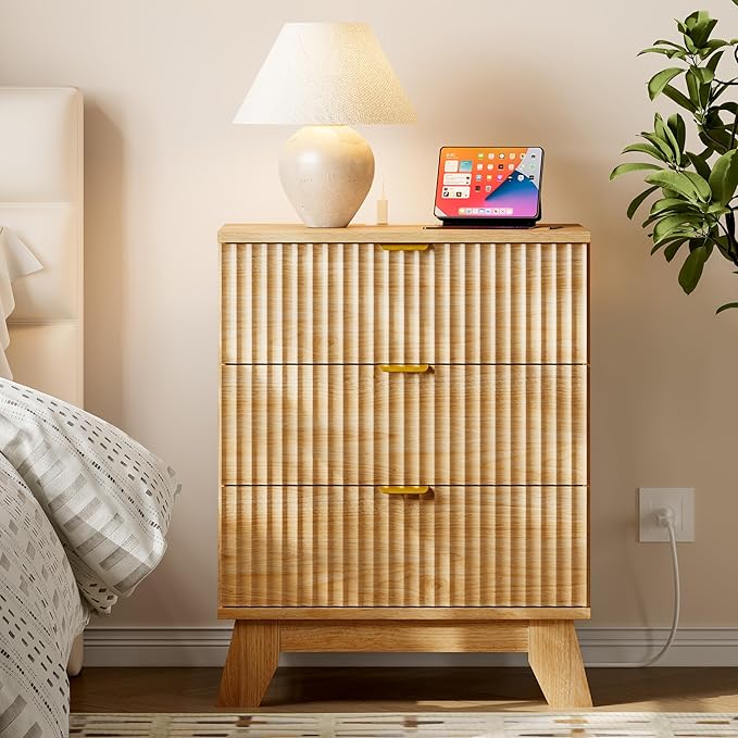 BORNOON 30.5" Nightstand with Charging Station, 3-Drawer Fluted Bedroom Chest