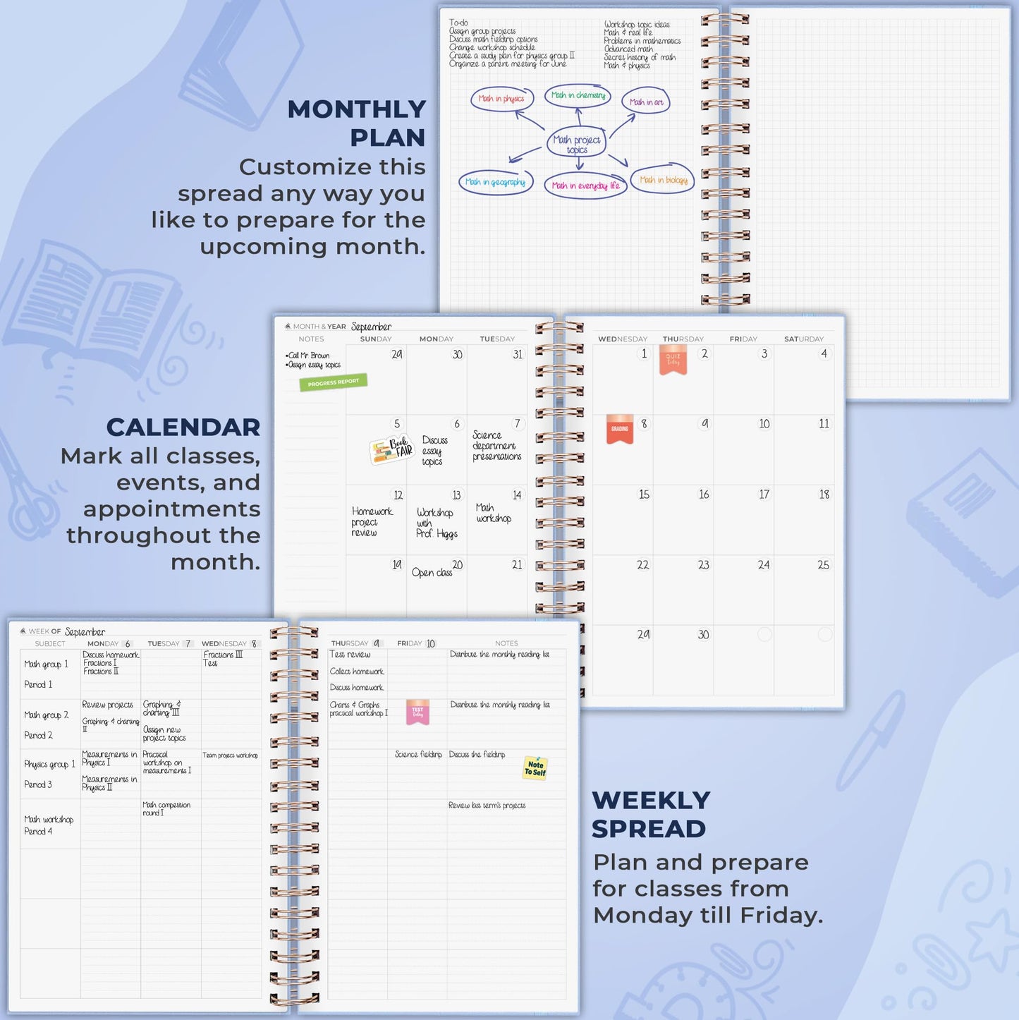 Clever Fox Teacher Planner Spiral – School Year Planner with Calendars & Lesson Plans – Teacher Plan Book for Classroom & Homeschool Organization - Undated, 7.9x10″ (Periwinkle)