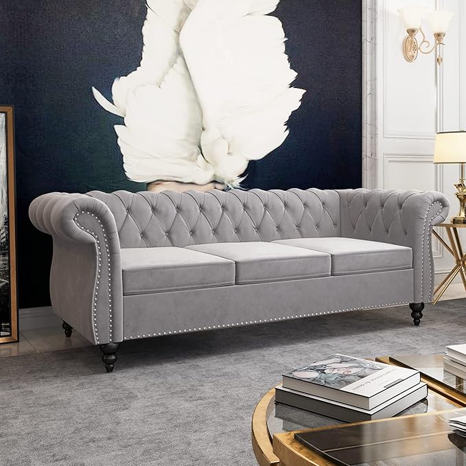 2 Piece Living Room Set, Velvet Chesterfield Sofa Couch Chair