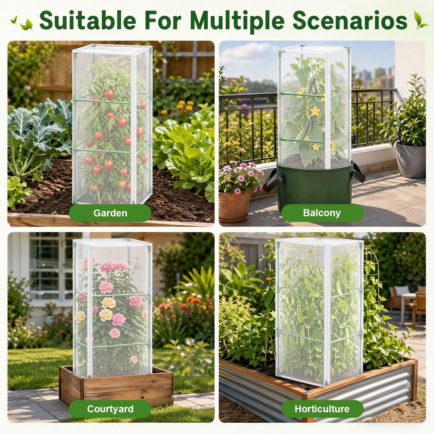 6 Pcs Tomato Netting for Garden Protection, 57" X 17.7" X 17.7" Square Tomato Cage Insect Barrier Plant Netting Mesh Cover with Zipper & Drawstring, for Vertical Climbing Plants Vegetables Fruits