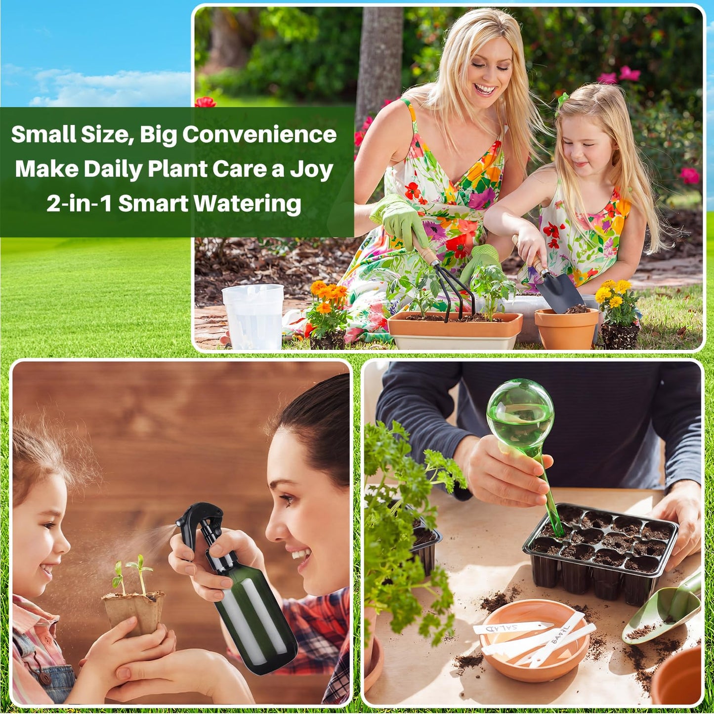 Ferrochef 13 Pcs Indoor Plant Can Set, 1/2 Gallon Watering Can, 17 oz Squeeze Bottle, 6.8 oz Spray Bottle, 6 Self Watering Globes, Gardening Tool Kit with Pruning Scissors for Plants (Green)