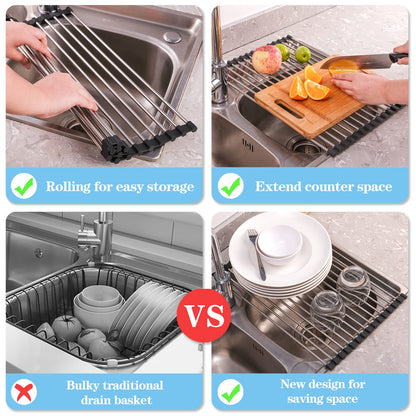 Seropy Roll Up Dish Drying Rack Over The Sink Drying Rack for Kitchen Counter, Rolling Dish Rack Over Sink Mat, Foldable Dish Drainer Stainless Steel Rack Kitchen Organization Gadgets 17.5"x11.8"
