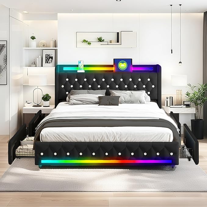 Music Player Bed with Bluetooth Speakers, Queen Size Smart Bed, USB&Type C
