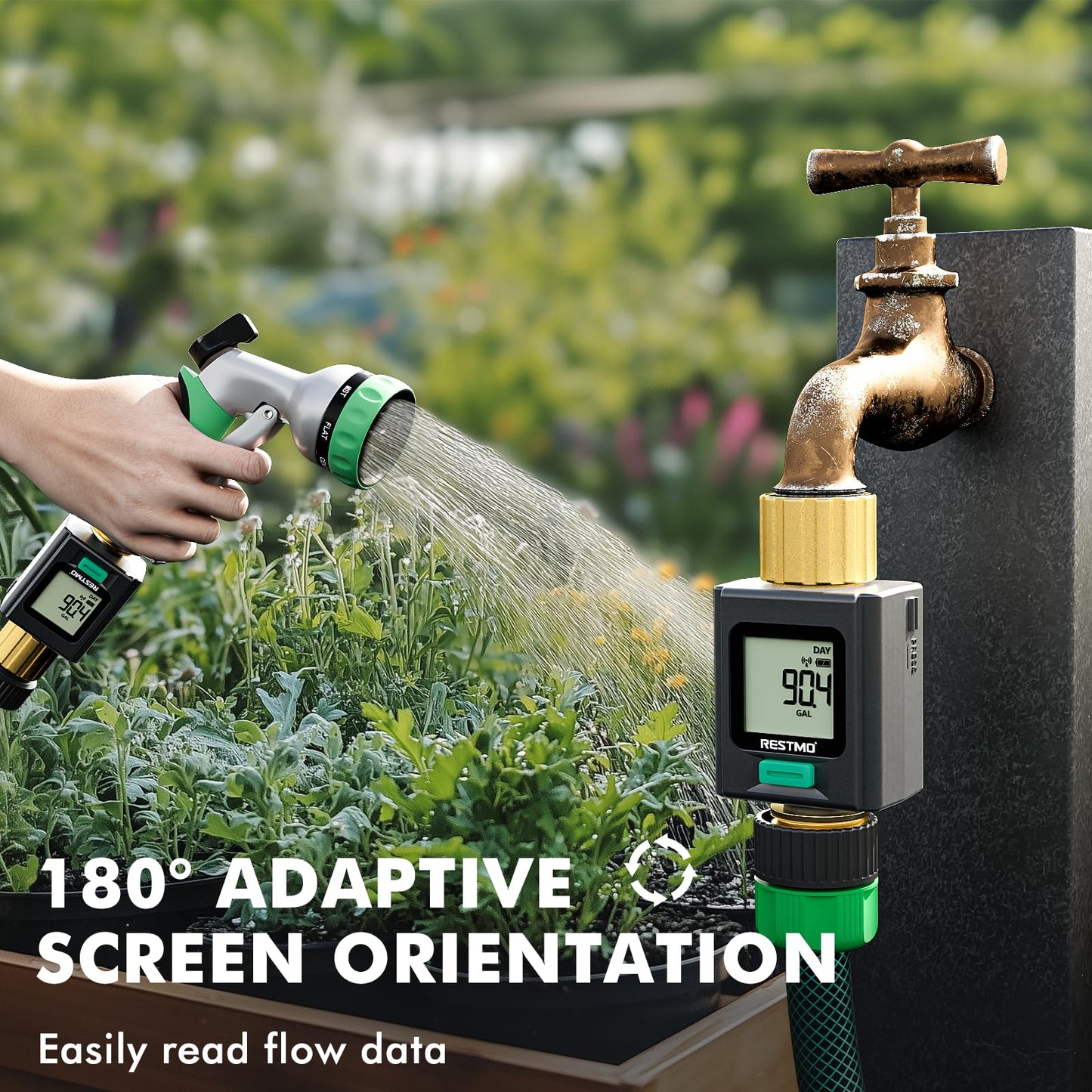 RESTMO Smart Water Flow Meter with Screen Backlight, Brass Inlet & Outlet, Measuring Gallon/Liter Consumption & Flow Rate for Garden Watering, RV Filling, Sprinklers & Nozzle - APP Control