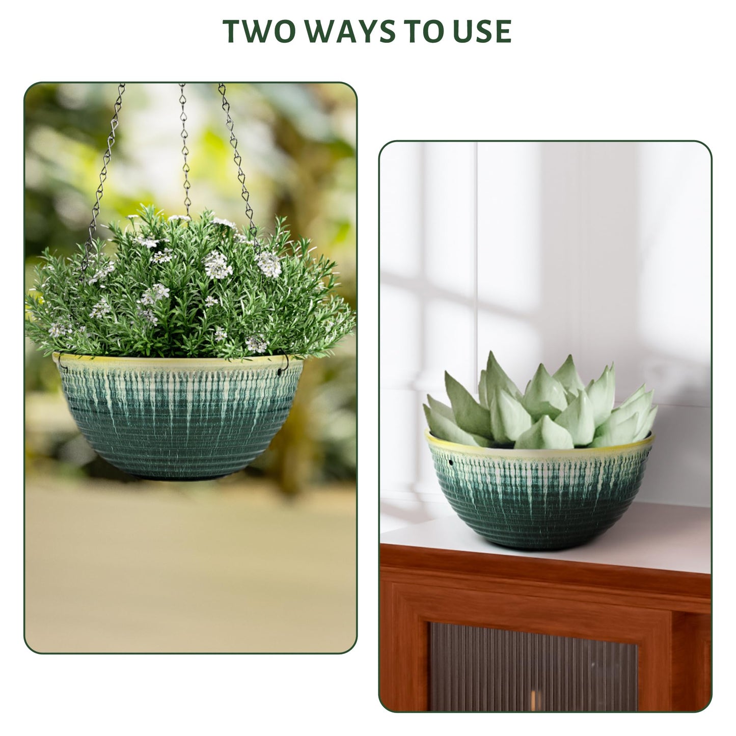 LESOASIS 10inch Hanging Planter, 2 Pack Hanging Planters for Indoor and Outdoor Plants, Glazed Hanging Plant Holder with Drainage, Indoor Hanging Flower Pots for Garden Home (Green Glaze)