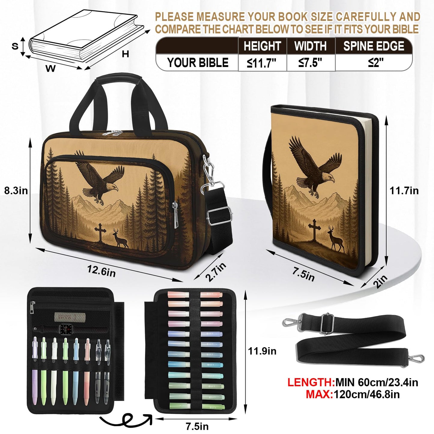 IBOVODI Eagle Large Bible Bag with Bible Cover Case for Men Women, Church Bag Book Carrying Case w/Shoulder Strap Handle Zipper Pocket, Bible Study Supplies Journaling Kit Accessories Christian Gift