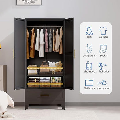 GAIOUS Steel Armoire Wardrobe Closet with Mirror Door and Drawer 71" Black | Household Wardrobe Cabinet with Hanging Rod, Metal Clothing Storage Cabinet with Adjustable Shelf for Bedroom, Cloak, Gym