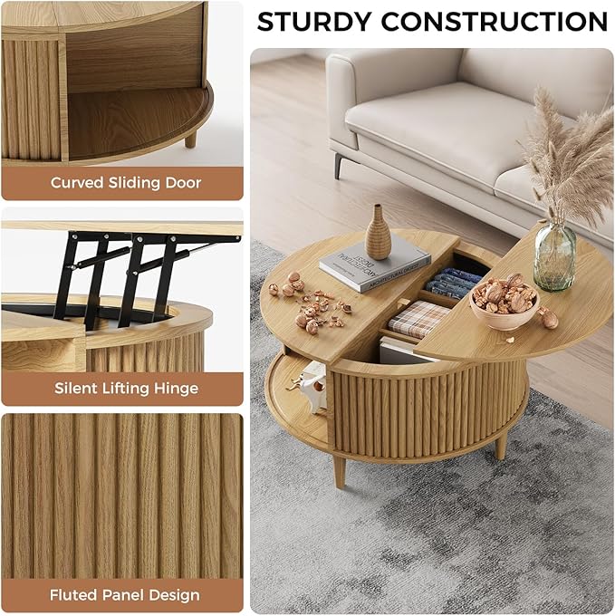 Round Coffee Table with Storage, Fluted Lift Top Coffee Table