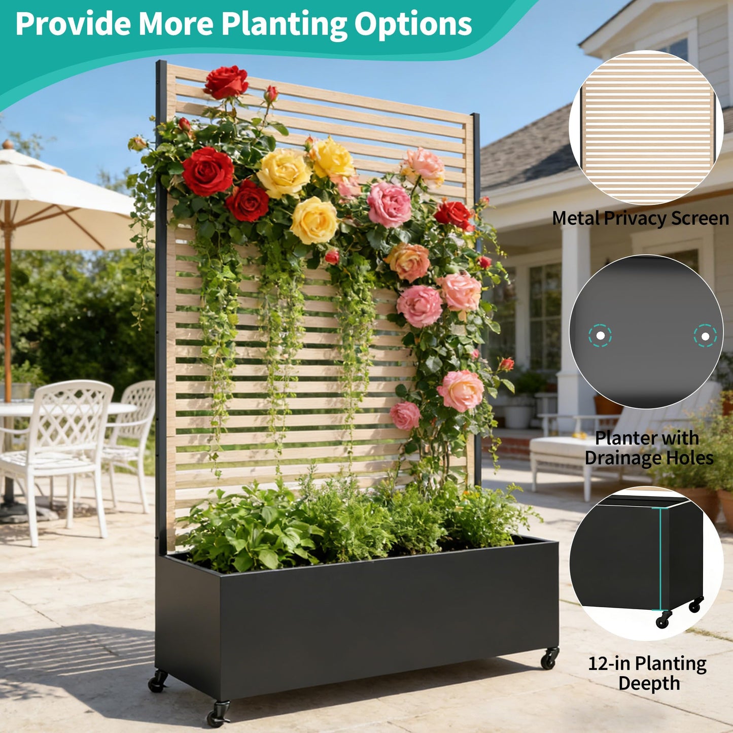Metal Planter Box with Trellis Privacy Screen, Raised Garden Bed with Trellis & Wheels, Privacy Planters for Patio, Planter Box with Drainage Holes for Climbing Plants, Flower, 73"x 47"x 16", Wood