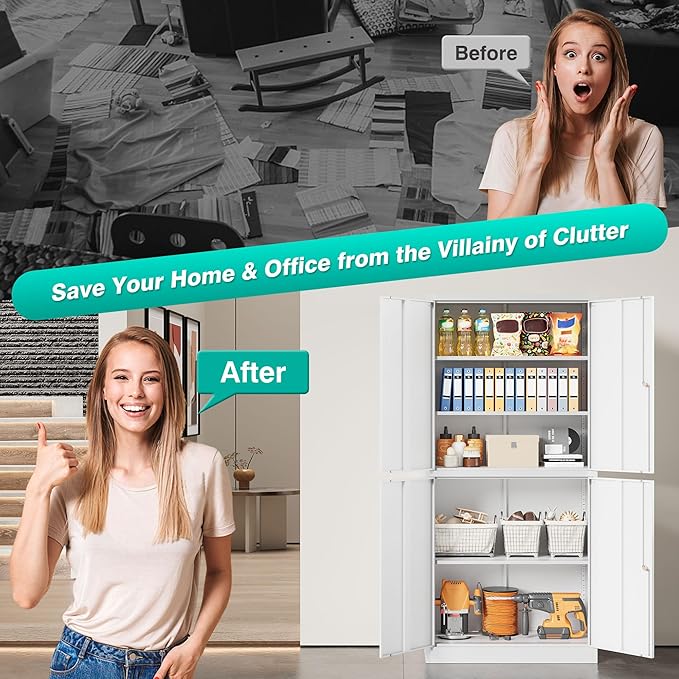 Metal Storage Cabinet with 3 Adjustable Shelves, Tall Steel Pantry Cabinets 4