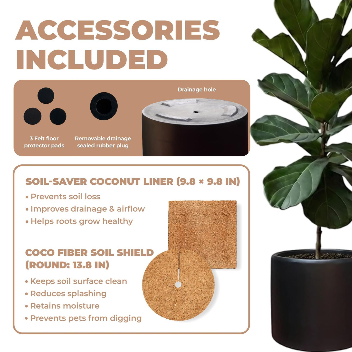 DEPLA LANE Lumero Fiberstone Cylinder Planter (12.0" Pot Opening x 13.8" D x 13.8" H) Smooth Finishes, Lightweight, Durable, UV Resistant, Modern Minimalist Decor, Indoor Outdoor Plant Pot (L, Black)