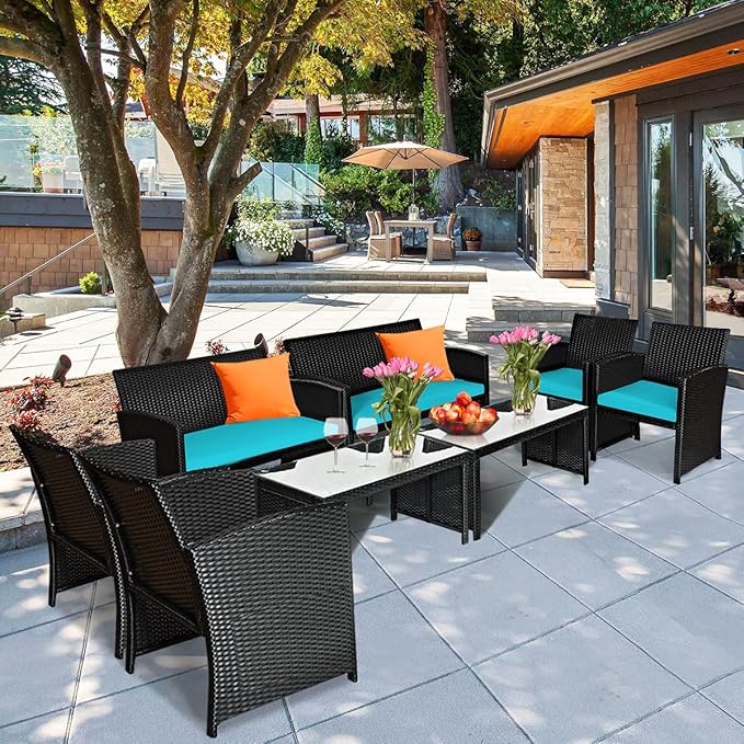 Tangkula 8 Pieces Patio Wicker Conversation Furniture Set, Patiojoy Sofa &