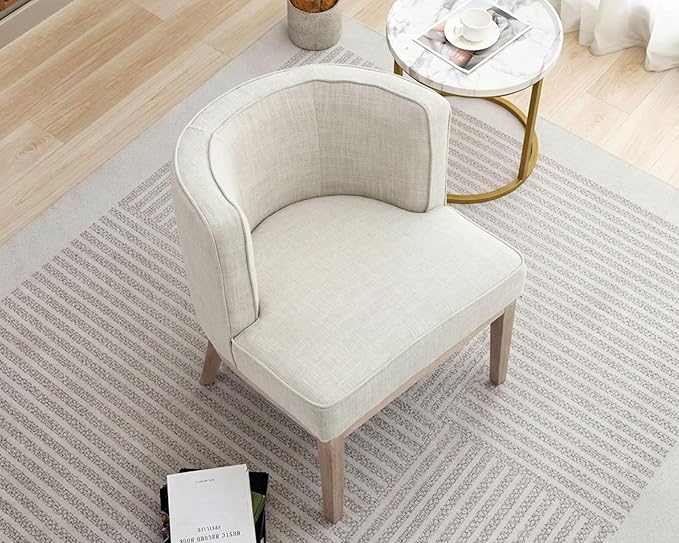 Beige Barrel Chair with Solid Wood Frame, Small Round Accent Chair, Comfy Linen