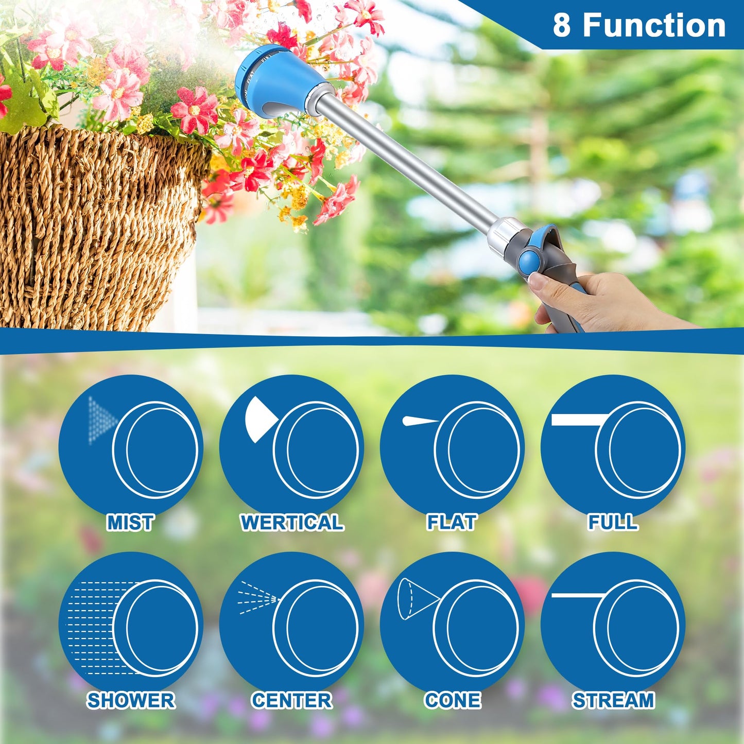 Saillong 18" Watering Wand for Garden Hose Heavy Duty, Metal Garden Hose Wand Sprayer with Thumb Control & 8 Spray Patterns, Hose Nozzle Wand for Lawn Plants Hanging Baskets, Pipe Tape Included