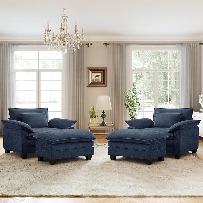 Oversized Accent Chair with Ottoman Set of 2, Upholstered Armchair with Extra