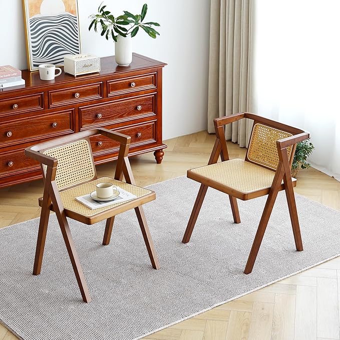 Furlide Rattan Dining Chairs Set of 2, Mid-Century Accent Armchair, Wicker Chair