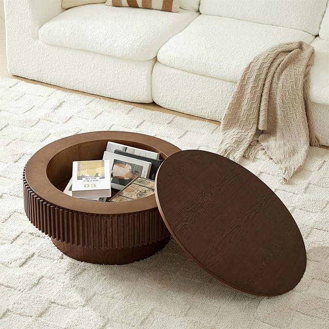 Round Coffee Table for Living Room, Fluted Drum Accent Tea Center Table