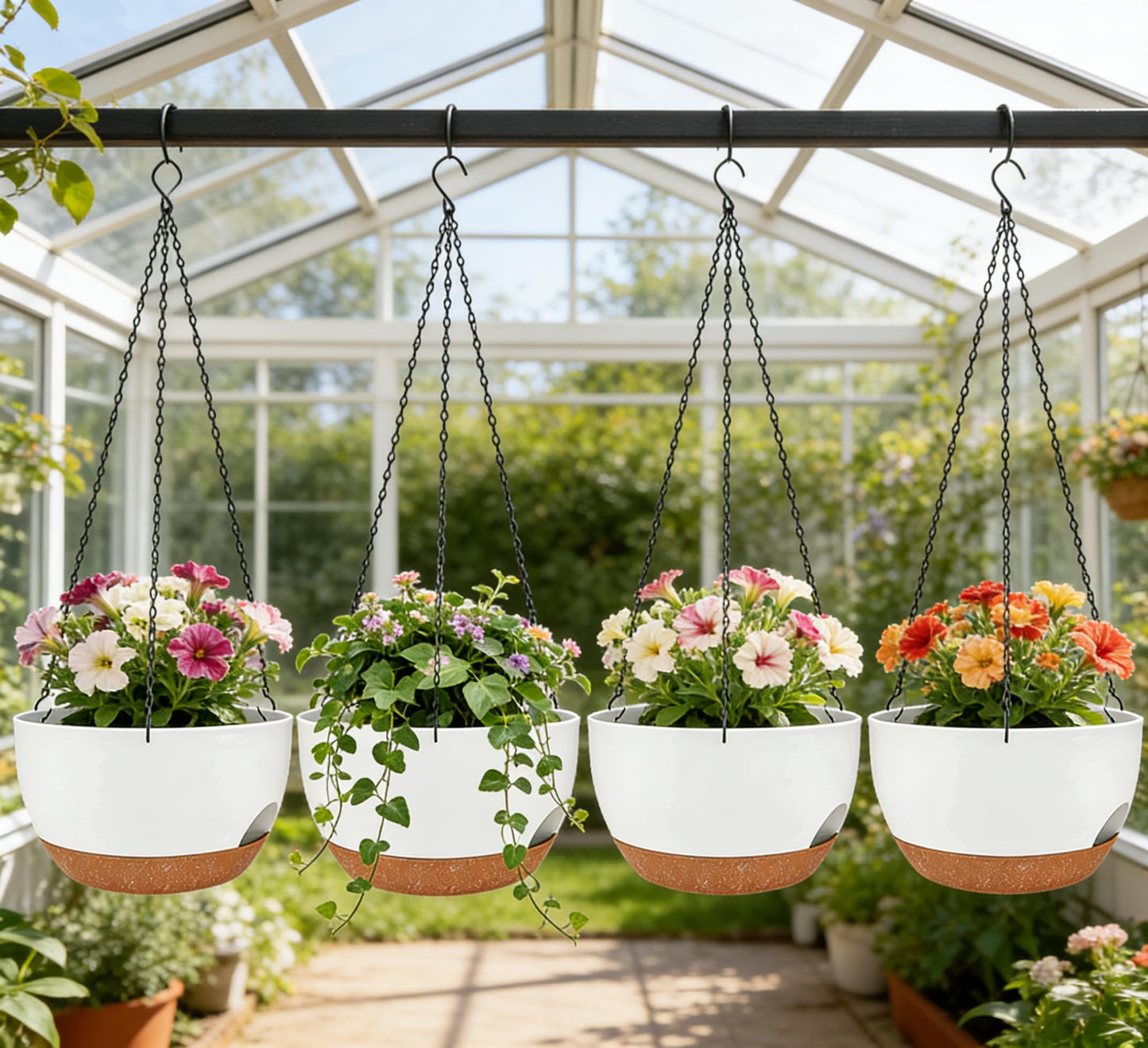 zople Set of 2-8 Inch Self Watering Hanging Planters for Indoor Outdoor，Hanging Plant Pots with Drainage & Removable Tray, Hanging Pots Holder for Ivy, Pothos, Ferns, Balcony & Patio, White Brown