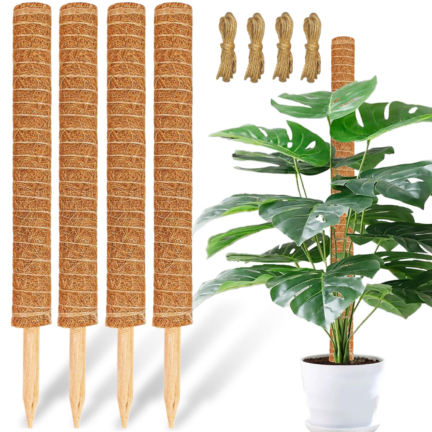 JJGoo Moss Pole for Plants Monstera,【4 Pack】 23.6 inch Plant Support Pole, Extendable Coir Totem Pole for Potted Plants Pothos,Train Indoor Climbing Plants to Grow Upwards - Extends to 74.6 Inches