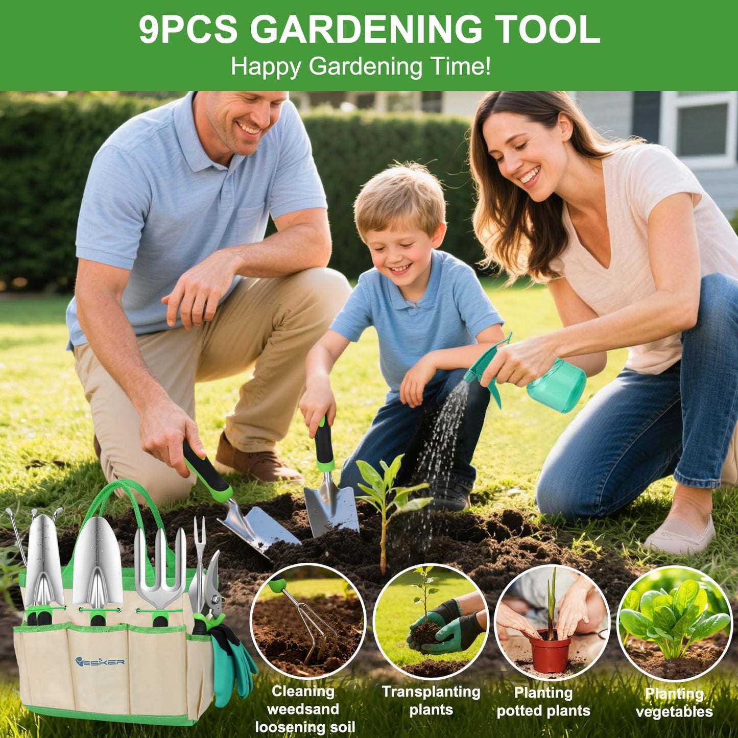 Yesker Gardening Tools 9-Piece Heavy Duty Garden Tool Set Gardening Supplies Gifts for Women Men Gardening Hand Tool Kit with Non-Slip Ergonomic Handle, Garden Bag, Durable Gloves and Shears, Green