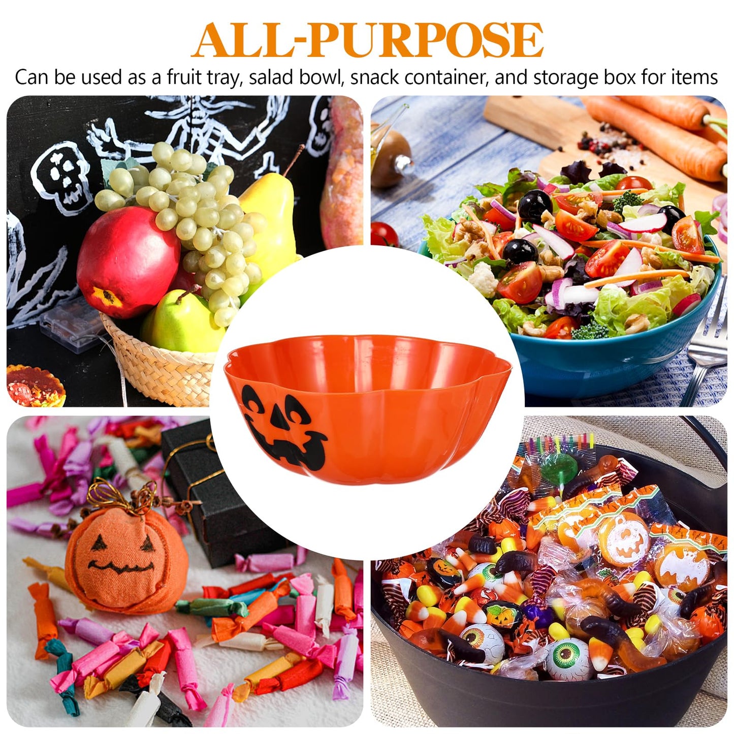 Hemoton Halloween Fruit Salad Bowl 11.6 Inch Pumpkin Shape Orange Plastic Candy Serving Dish Multi-Use Plate for Party Snacks Festive Holiday Decor