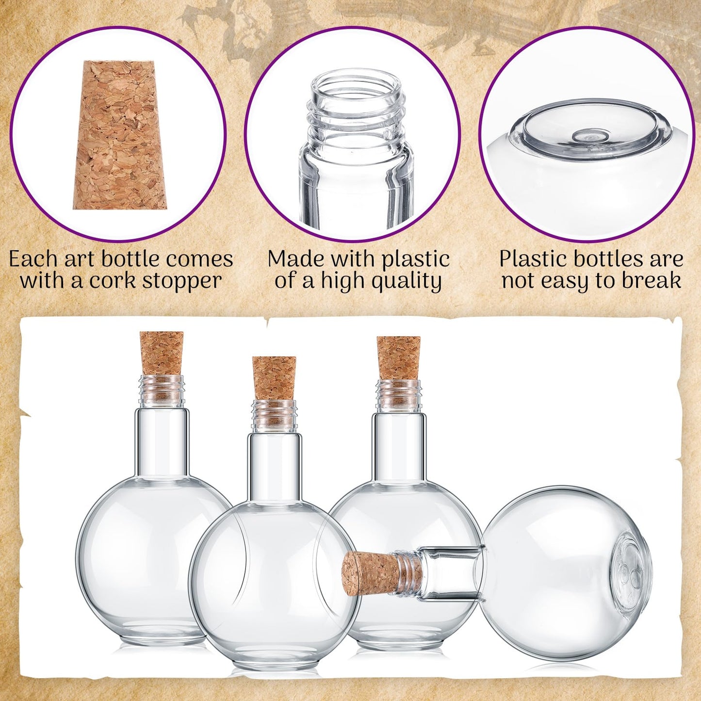Baderke Plastic Potion Bottles with Cork 8 oz Sand Art Ball Shape Bottles with Funnels Spherical Decorative Candy Jar for Cocktail Witch Costume Props Party DIY Crafts(20 Sets)