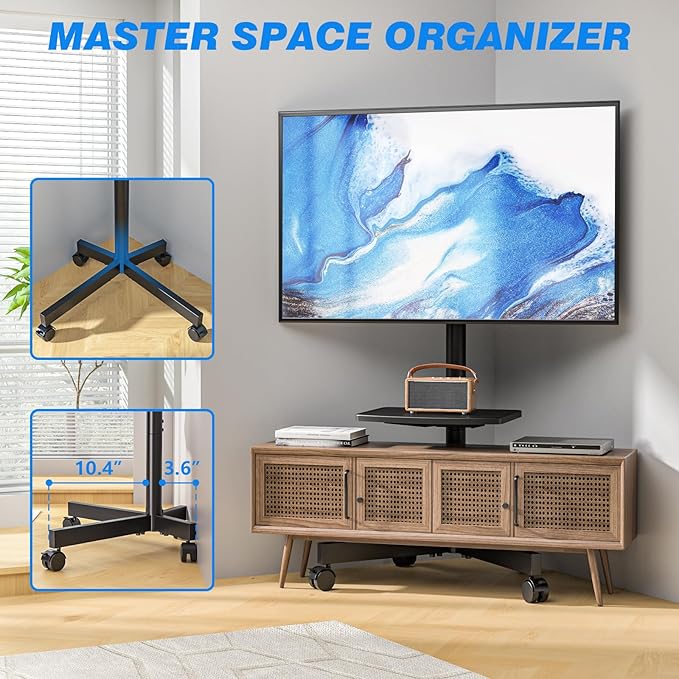 Rolling TV Stand with Shelf for 23-65 inch TVs up to 88lbs, Portable Mobile TV